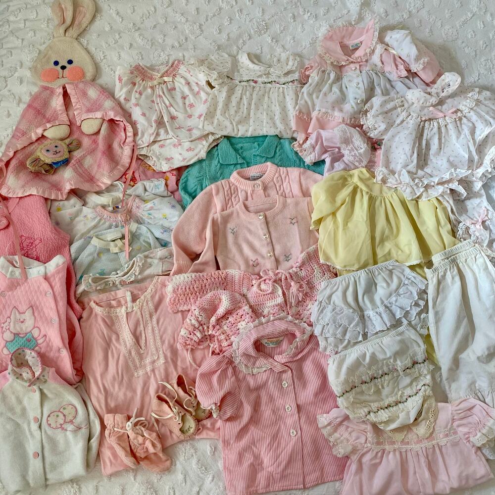 35 Piece Lot of VTG 80s Baby Girl Clothes Newborn-24 mo Ruffle Lace Dainty Girly